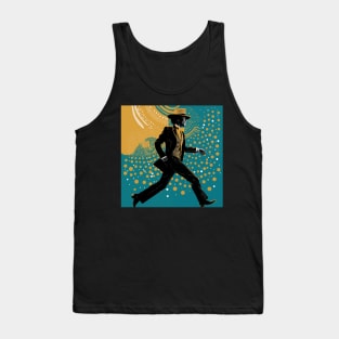 Vintage - 60s-70s style disco dance, stylish dancer in hat and suit among twinkling Safit lights, design illustration. Tank Top